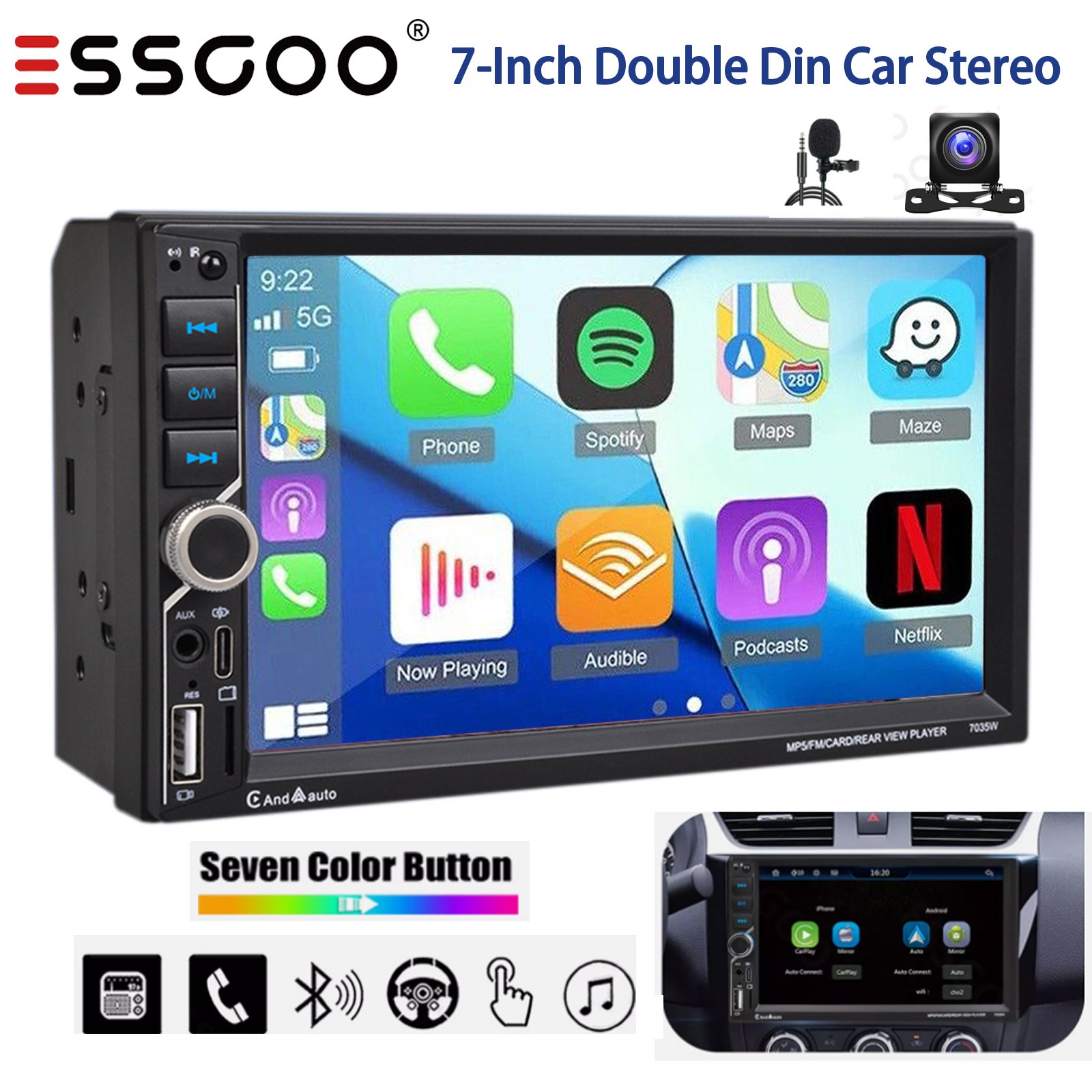 7″ Double 2 DIN Android Auto Car Stereo Wireless CarPlay USB Bluetooth Radio Cam
