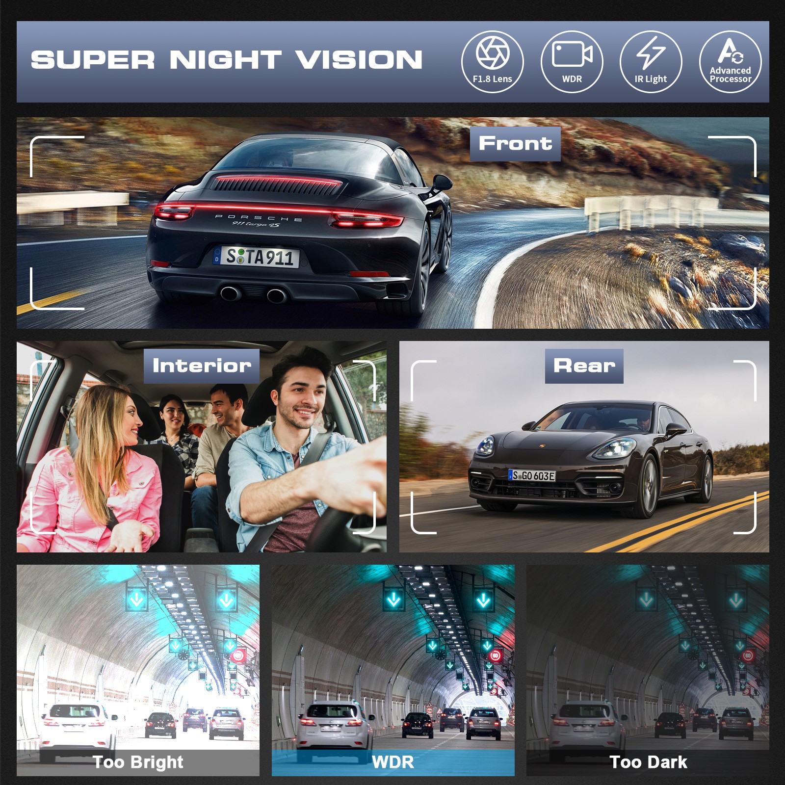 AUOSHI 3CH Dash Cam 4K+1080P WiFi GPS Night Vision Touchscreen 24H Parking 64GB
