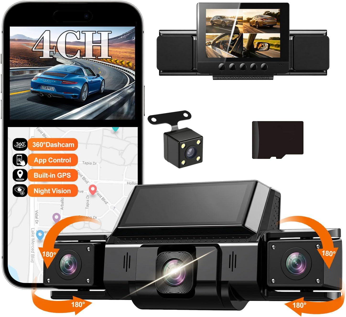 Dash Cam 360° View 4 Channel Car Camera, Front Rear Left Right 4 Way Recording,