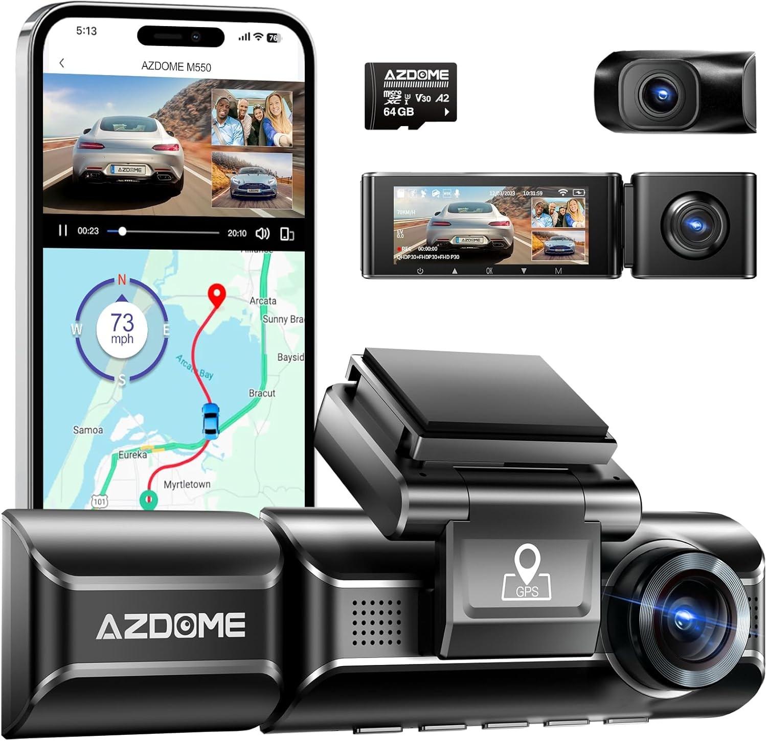 AZDOME M550 4K Dash Cam 3 Channel Front Rear Inside WiFi GPS Night Vision 64GB