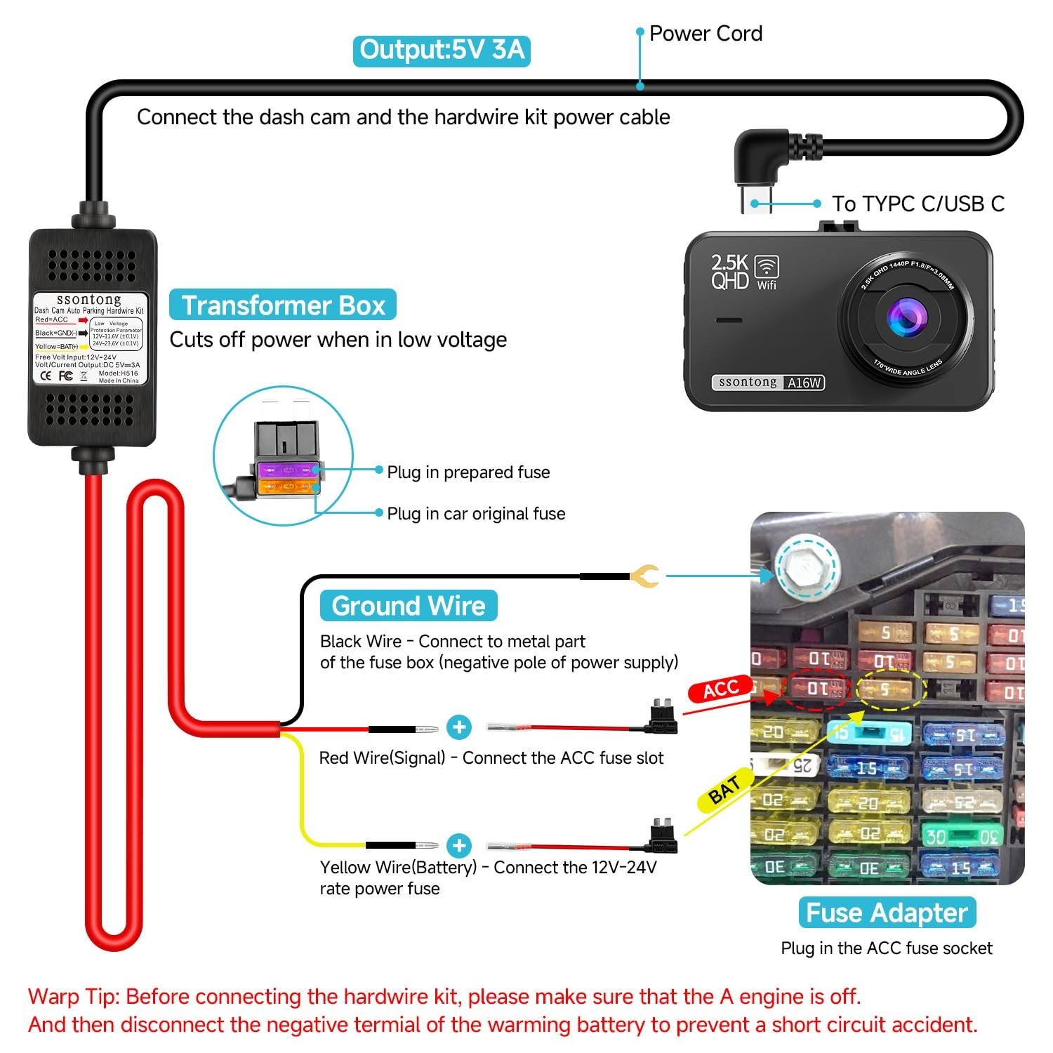 3-Lead Hardwire Kit for Dash Cam | Type-C USB 12V-24V to 5V Charger, 13ft Cord,