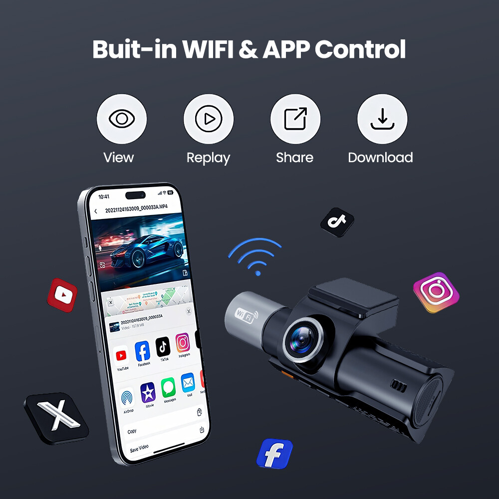 4K 3-Channel Dash Cam Front+Rear+Inside Dash Camera 5G WiFiGPS Night Vision