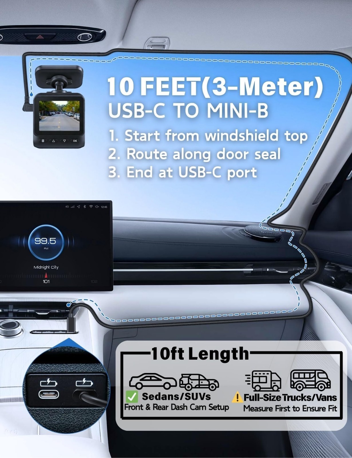 10ft USB-C Left Angle Mini Dash Cam Power Cord, Replacement for Front/Rear Camer