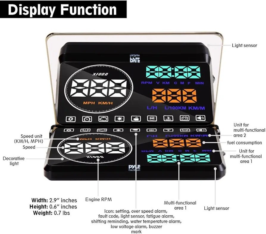 Pyle 5.5 HUD Heads Up Display Speed Voltage Temp Fuel Monitor Car PHUD180BD
