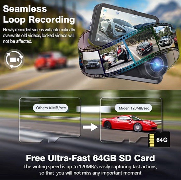 Miden S9 4K+2.5K Dash Cam Front and Rear,64G SD Card,2160P+1600P UHD Dual Dash C