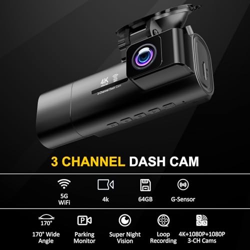 4K Dash Cam Front Rear Inside 3 Channel 5G WiFi 64GB