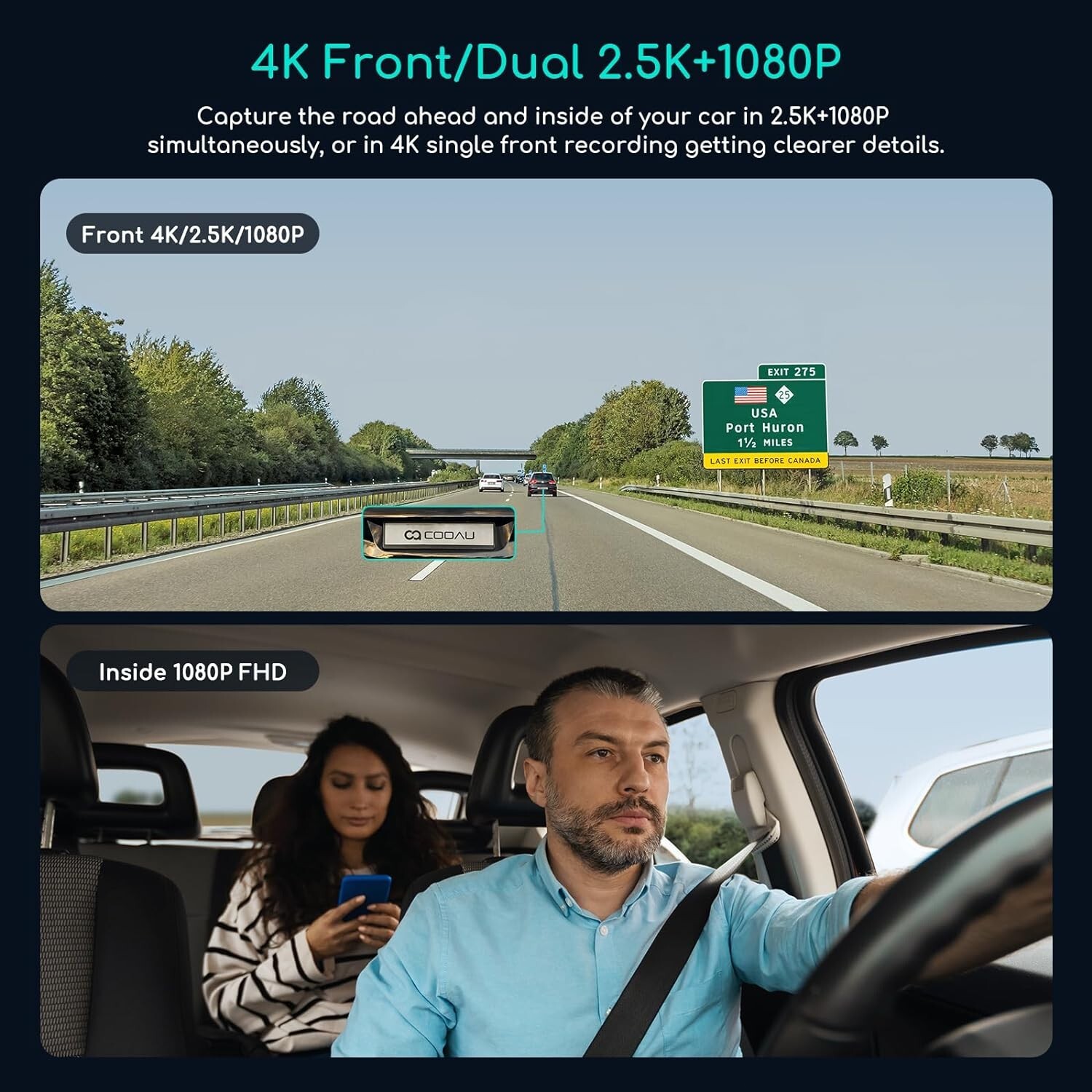 COOAU 4K Dash Camera Front and Rear Dash Cam Built-In WiFi & GPS Parking Mode
