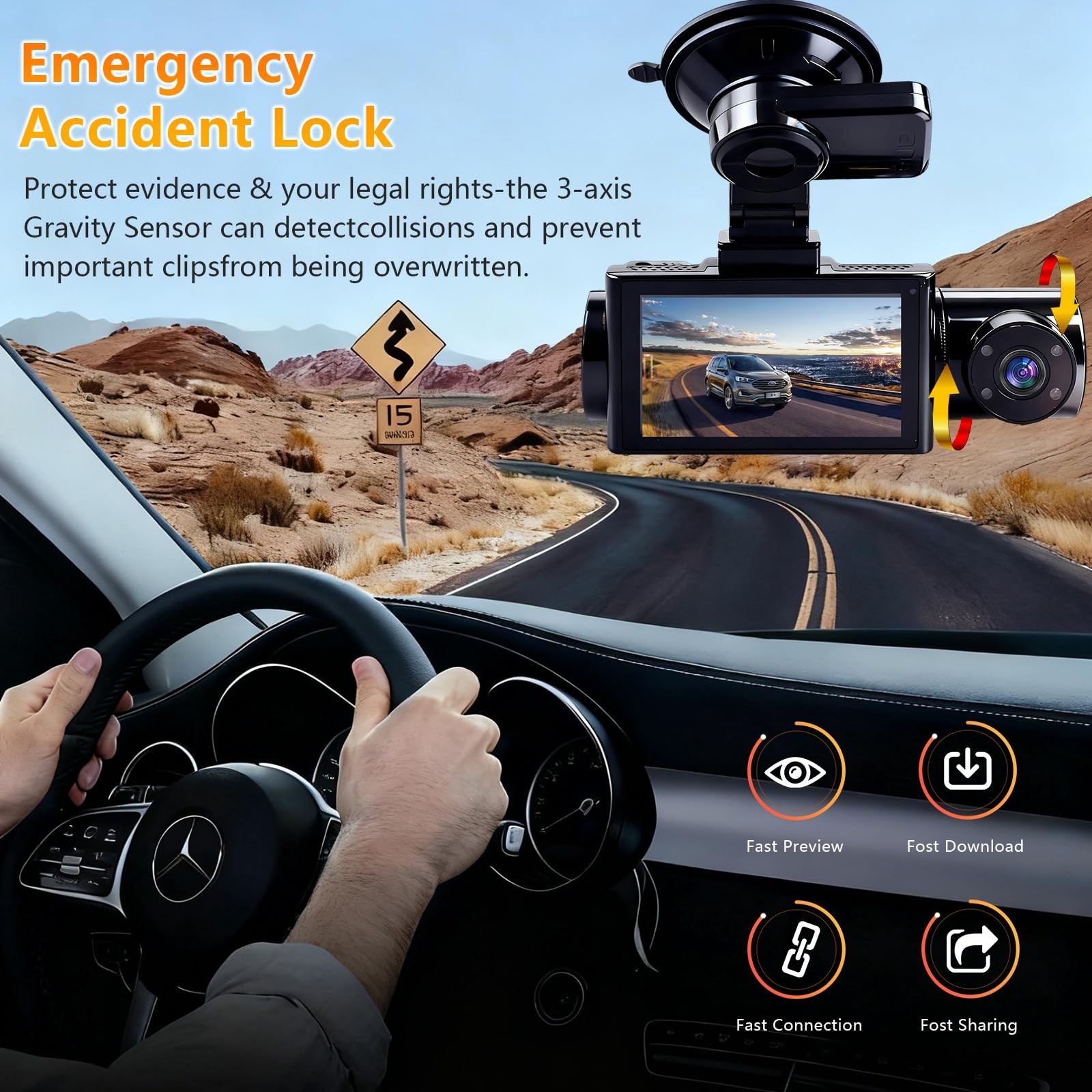 JMKANGMA 4K 3 Channel Dash Cam Front Rear Inside WiFi GPS 64GB Card 3 IPS Screen