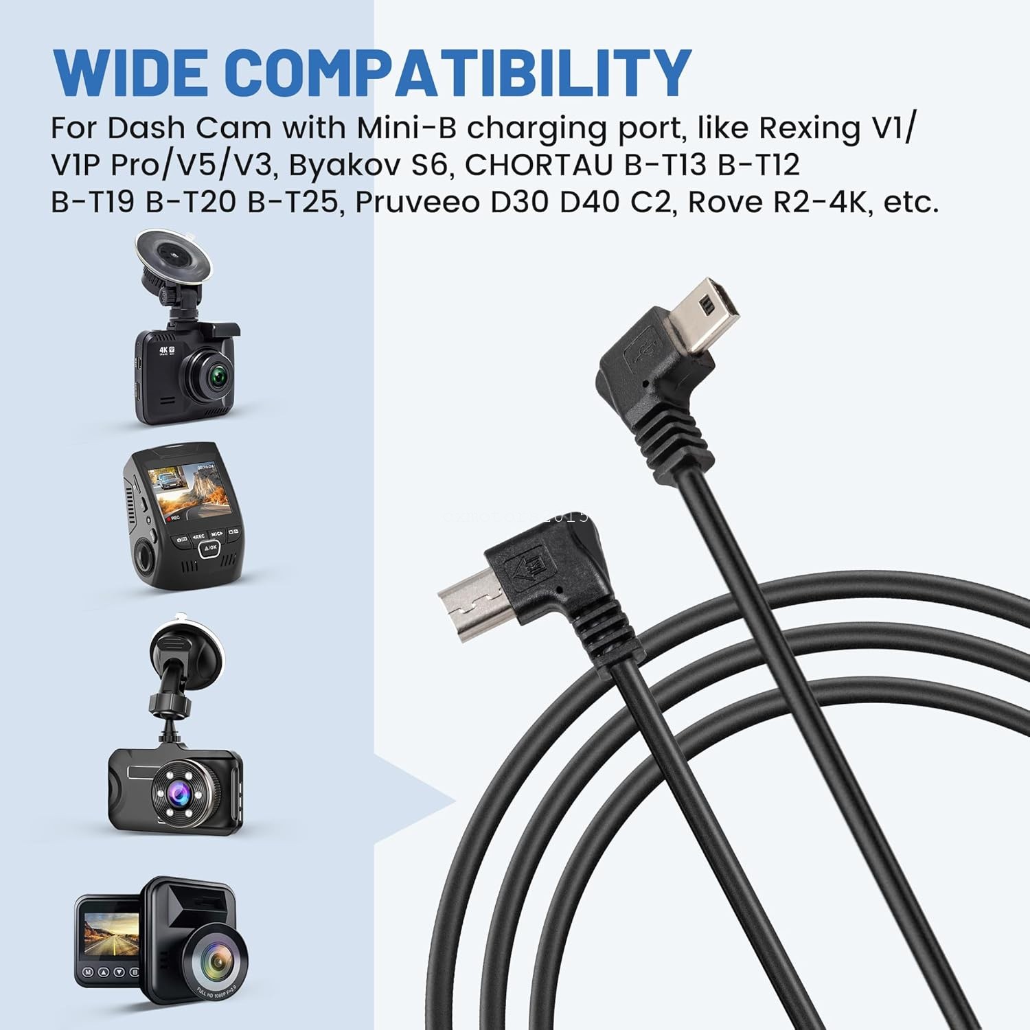 Car Dashcam USB 2.0 to Mini USB Charging Cable 13FT for Byakov S6 Rove R2-4K