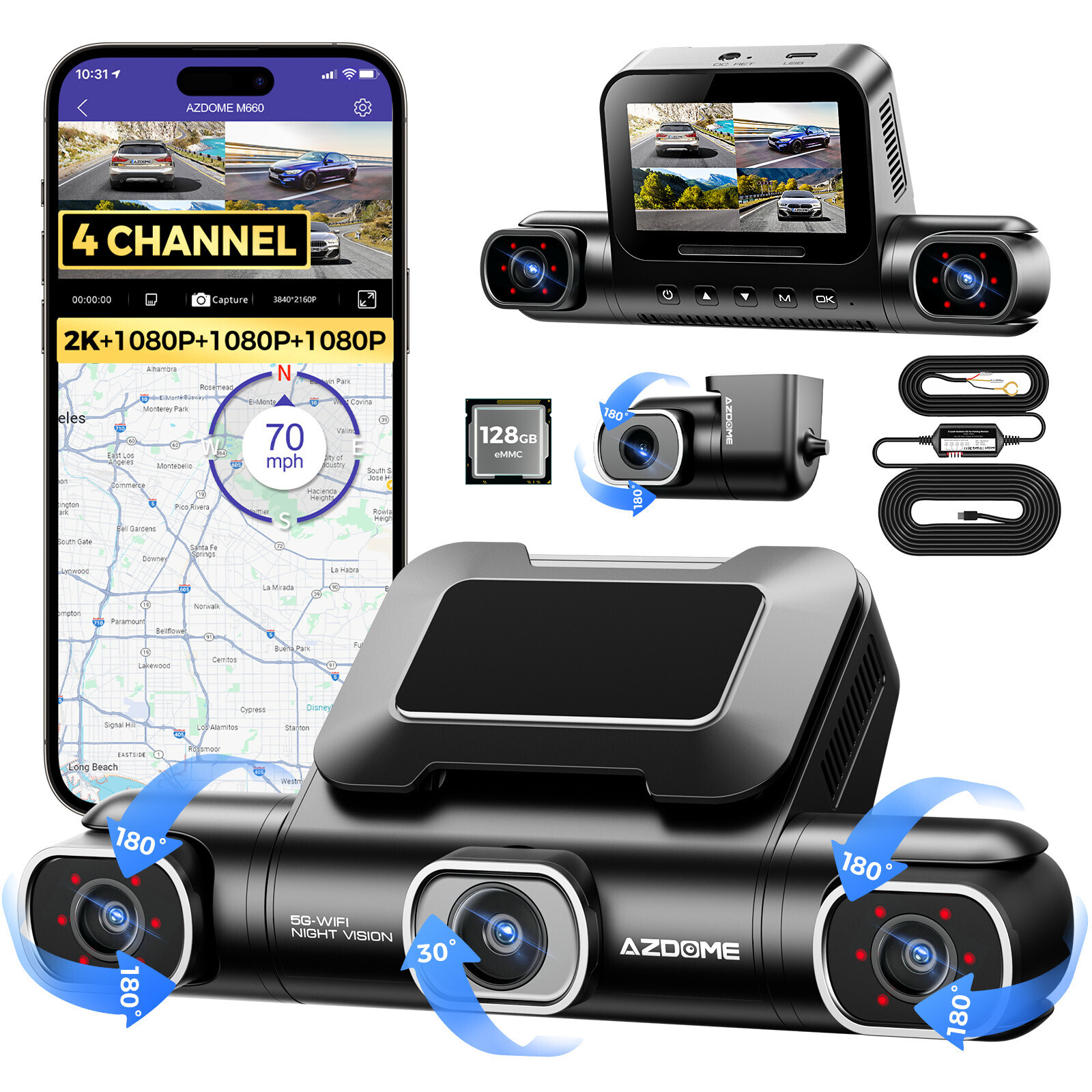 AZDOME 3″ 4CH 4K Dash Cam 2K/1K 5GWiFi GPS 24H Park Mode 128GB eMMC+Hardwire Kit