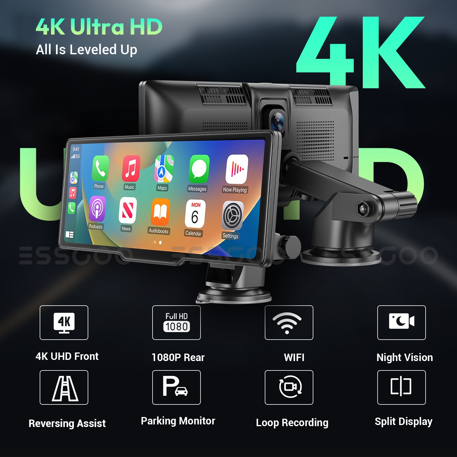 10.2″ Wireless Car Stereo CarPlay Android Auto 4K+1080P Dash Cam WIFI&AUX&FM DVR