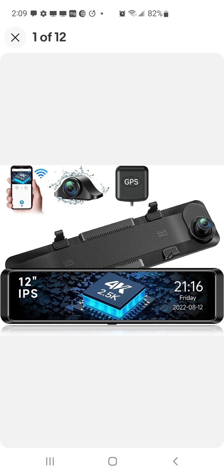 4K WiFi Mirror Dash Cam 12″ Front and Rear View Mirror Camera GPS NV Waterproof