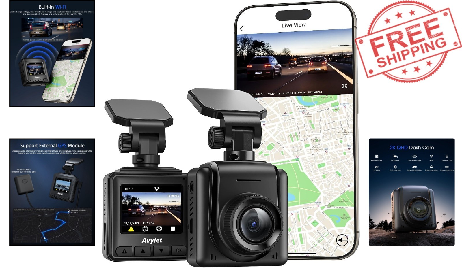 WiFi 2K Quad HD Mini Dash Cam with External GPS & WDR Night Vision