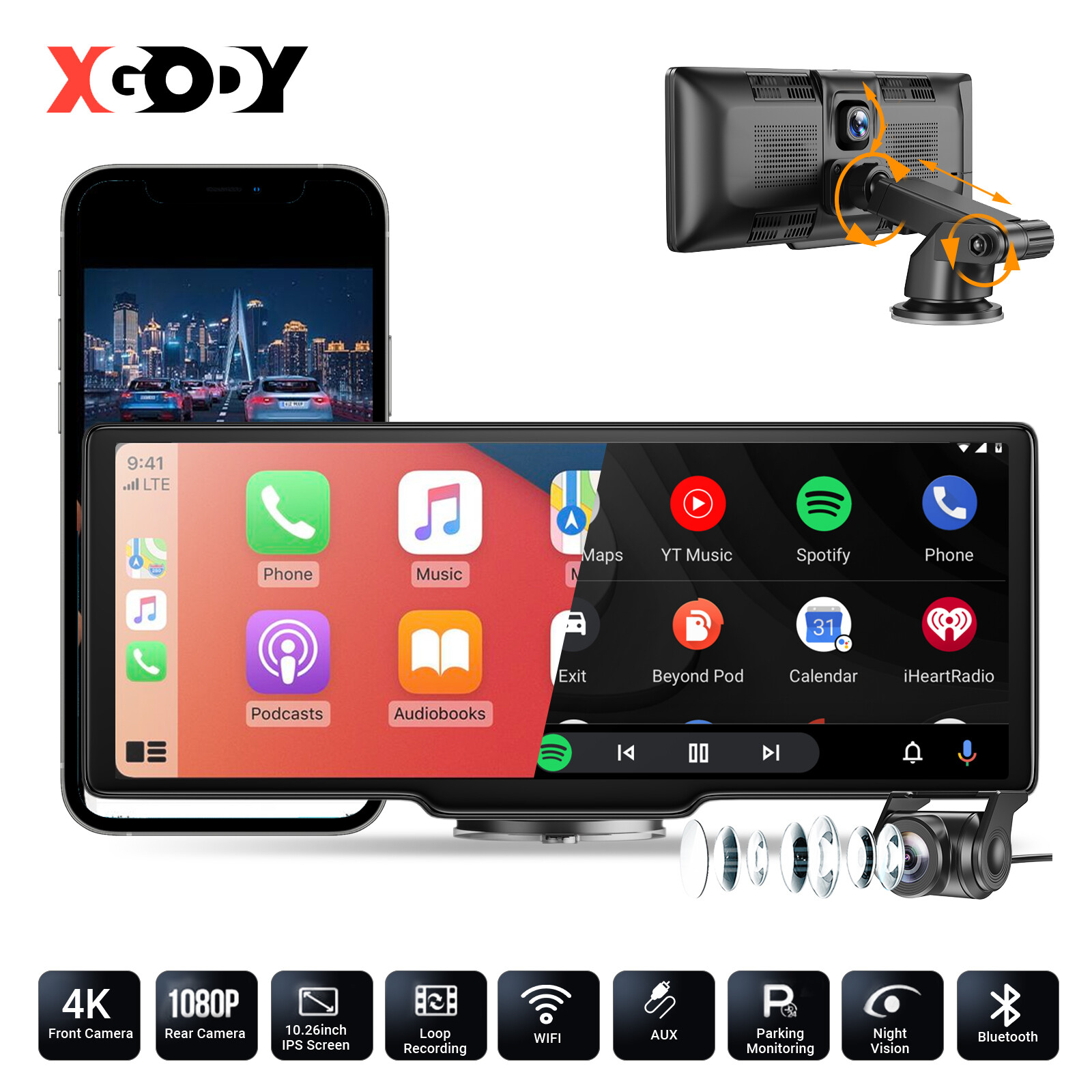 XGODY Touch Screen Dash Cam Car Stereo 4K Wireless Apple Carplay & Android Auto