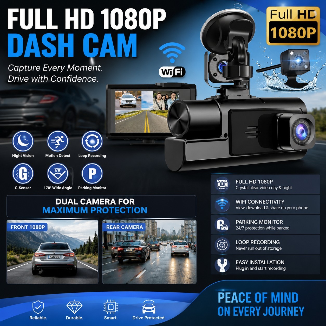 1080P 3 Channel Dash Cam Front and Rear Cabin Recording, 2.0″ IPS Screen Cama…