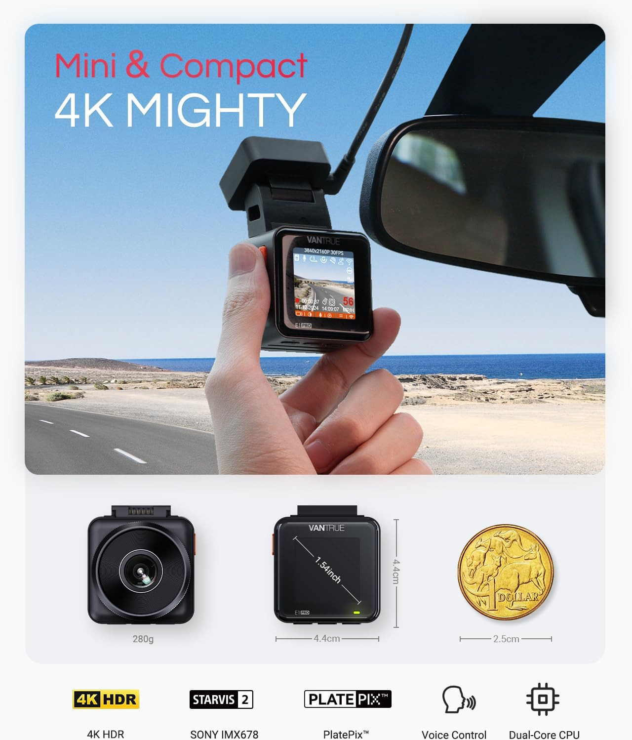 E1 Pro 4K Mini Dash Cam Front, STARVIS 2 Platepix HDR Night Vision Car Camera, B