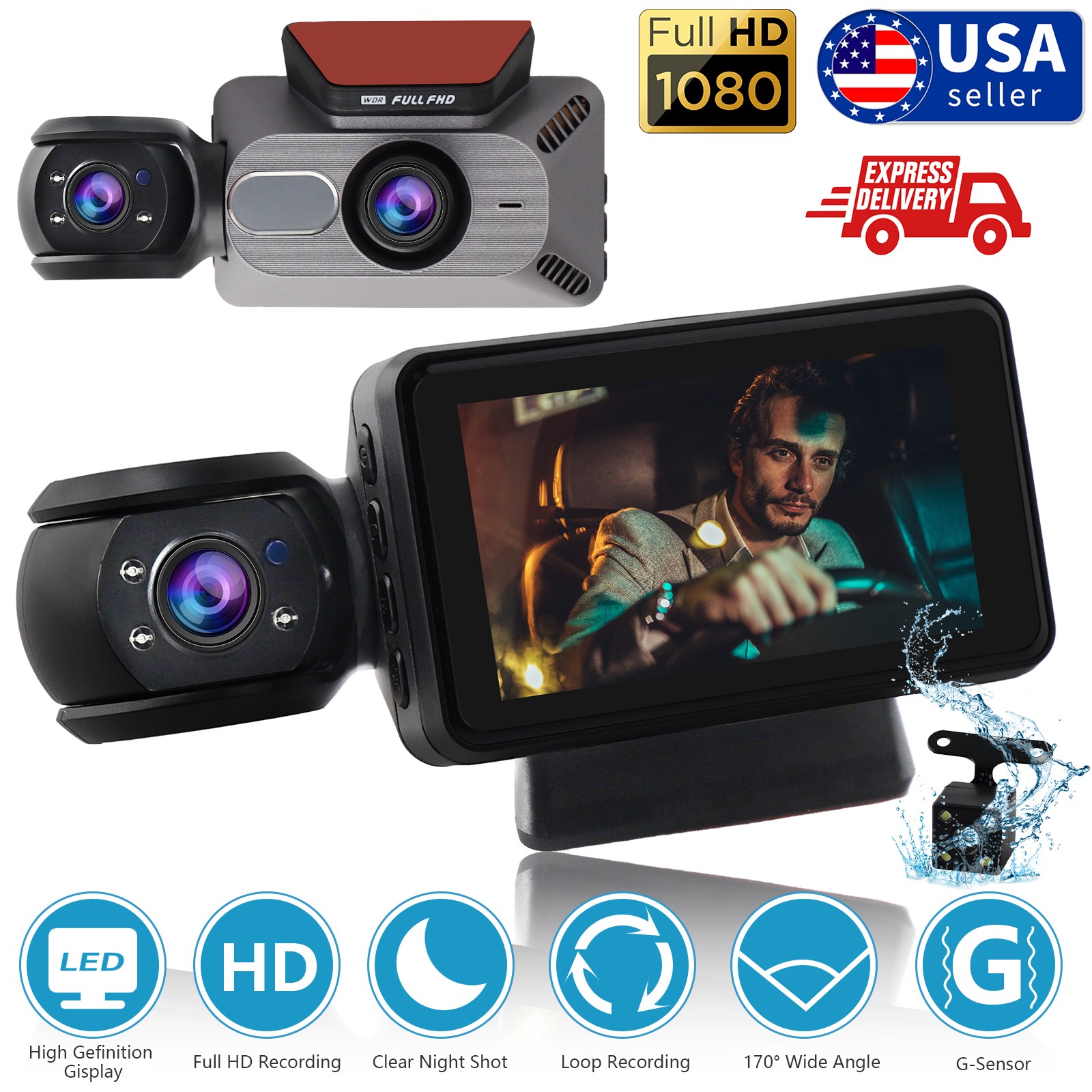 1080P Dual Lens Car DVR Dash Cam Video Recorder G-Sensor Front & Inside Camera