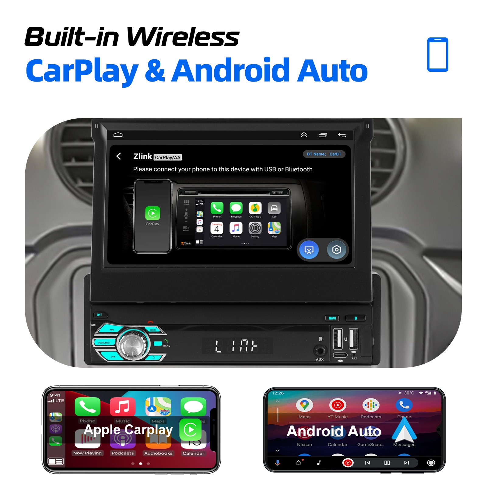 7″ Single 1 DIN Flip Out 4+64G Car Stereo Radio Android 15 MP5 Player USB+Camera