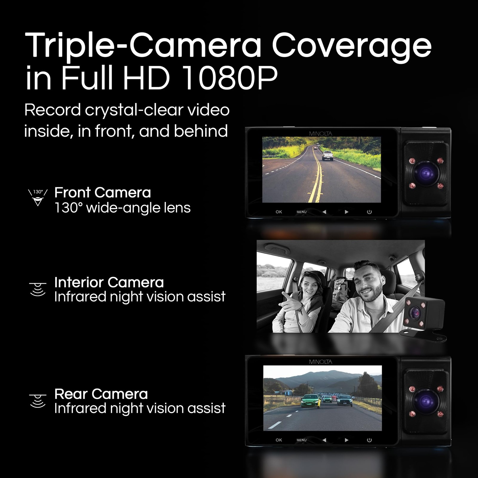 Minolta MNCD338T 3-Channel Dash Camera Blue