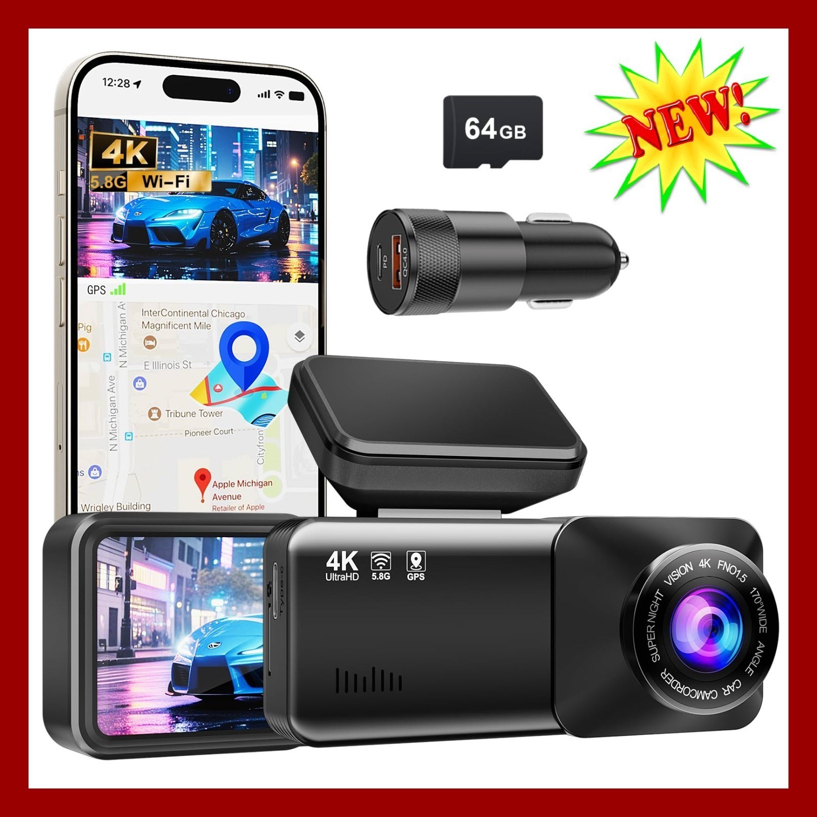Fanttik C8 Ultra 4K Dash Cam HDR 5.8GHz Wi-Fi GPS 64GB SD New Vehicle Recorder