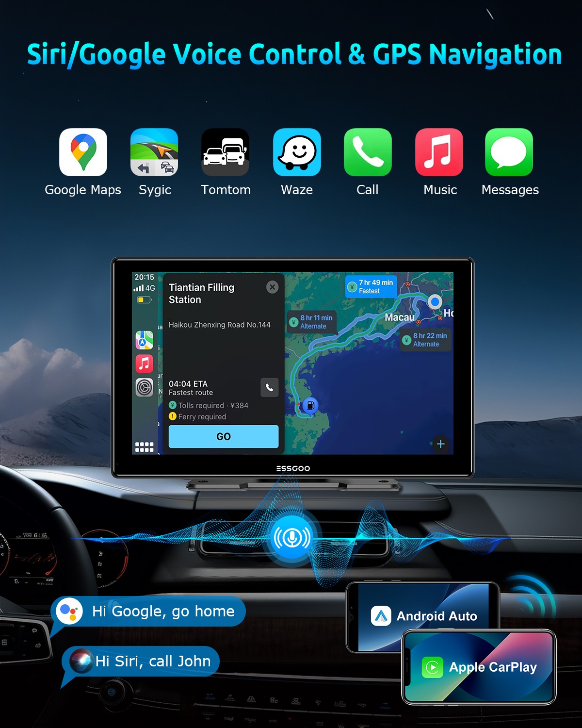 ESSGOO Portable Apple CarPlay Android Auto 4K Car Stereo Touch Screen FM Radio