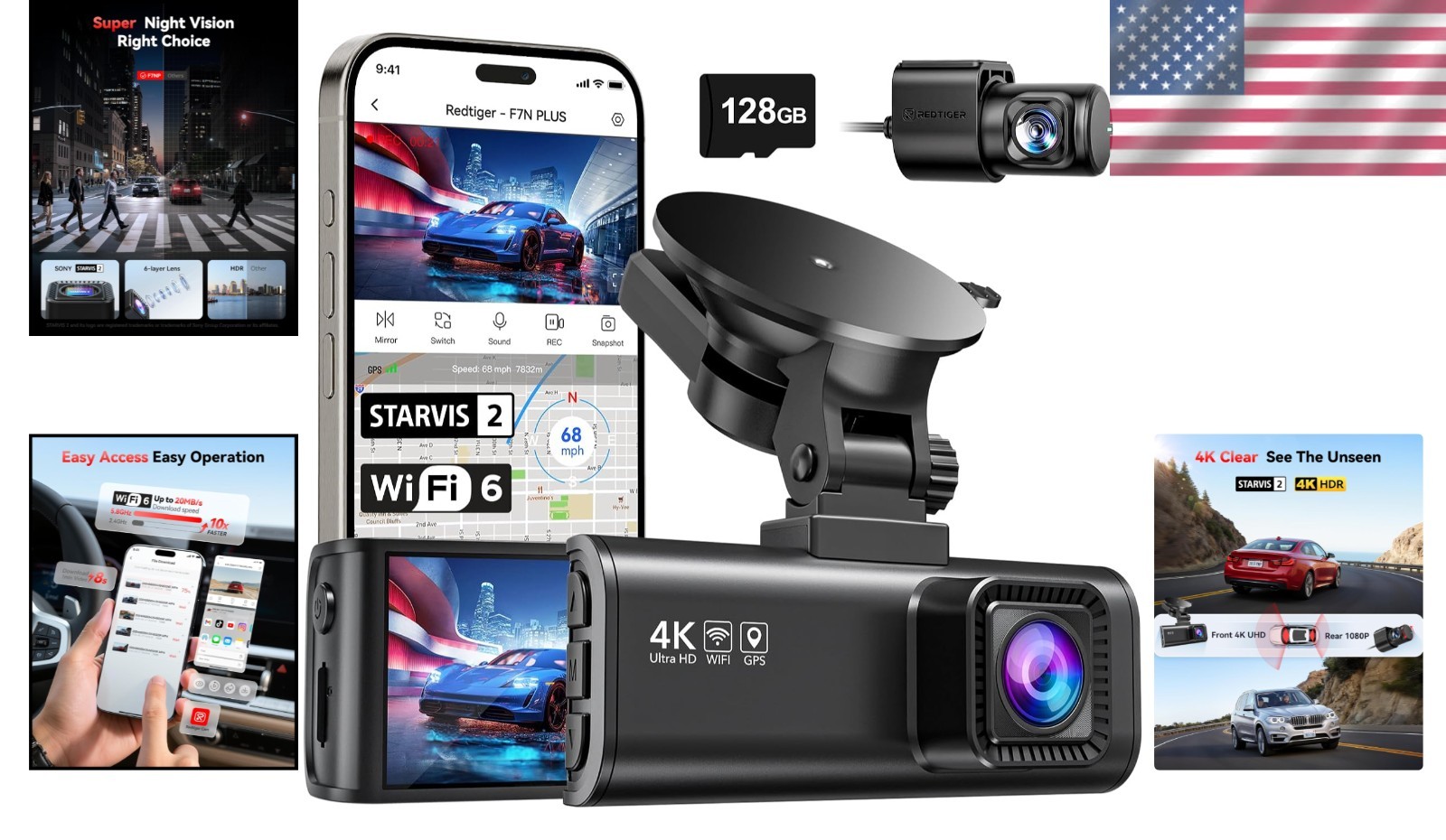 F7NP Front & Rear Dash Cam with STARVIS Sensor, Continuous Recording & Wi-Fi