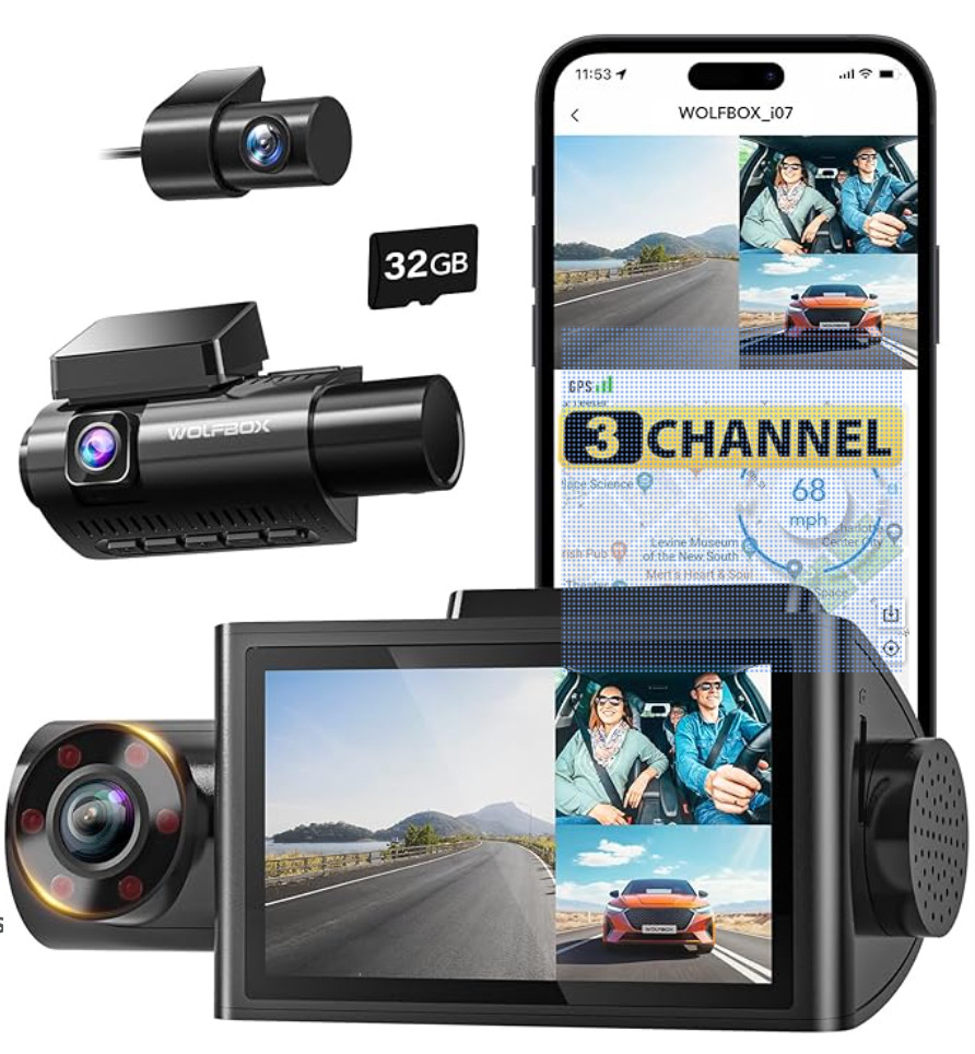 WOLFBOX Front Rear and Inside Dash Cam 4k