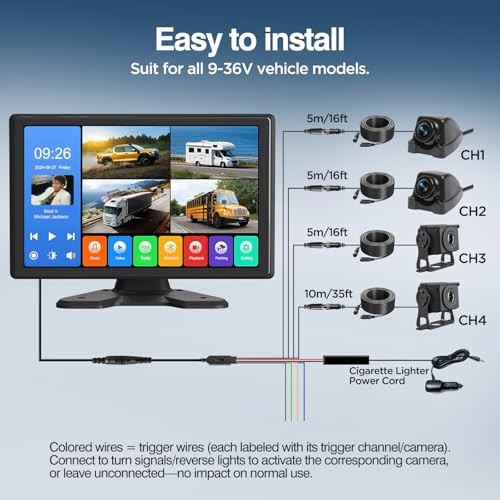 4 Channel Backup Camera System,Touchable 10.1 inch Monitor with 4 camera 128G