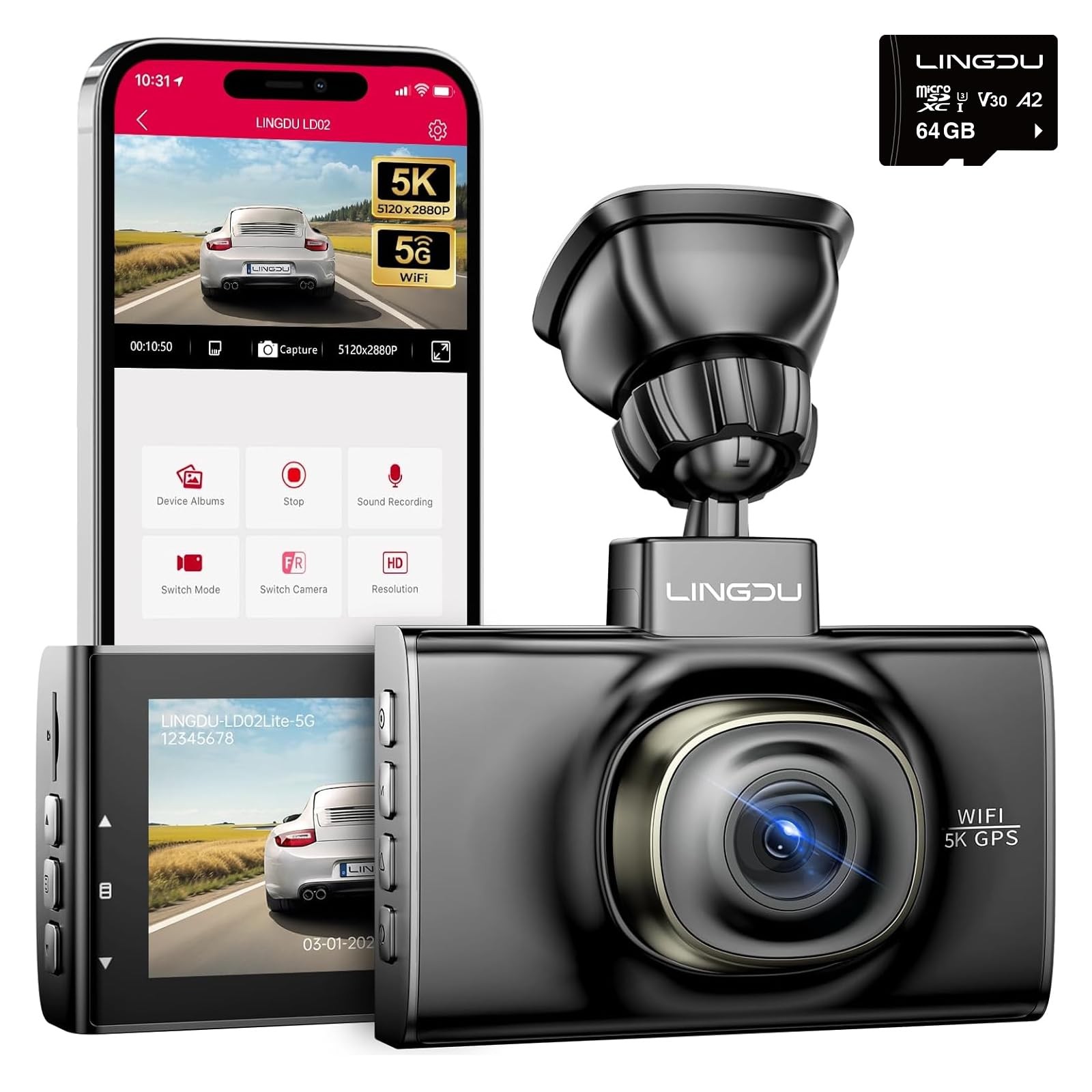 LD02 5K 5G WiFi Dash Cam with Free 64GB SD Card, 3″ IPS Screen 150° WDR IR Ni…