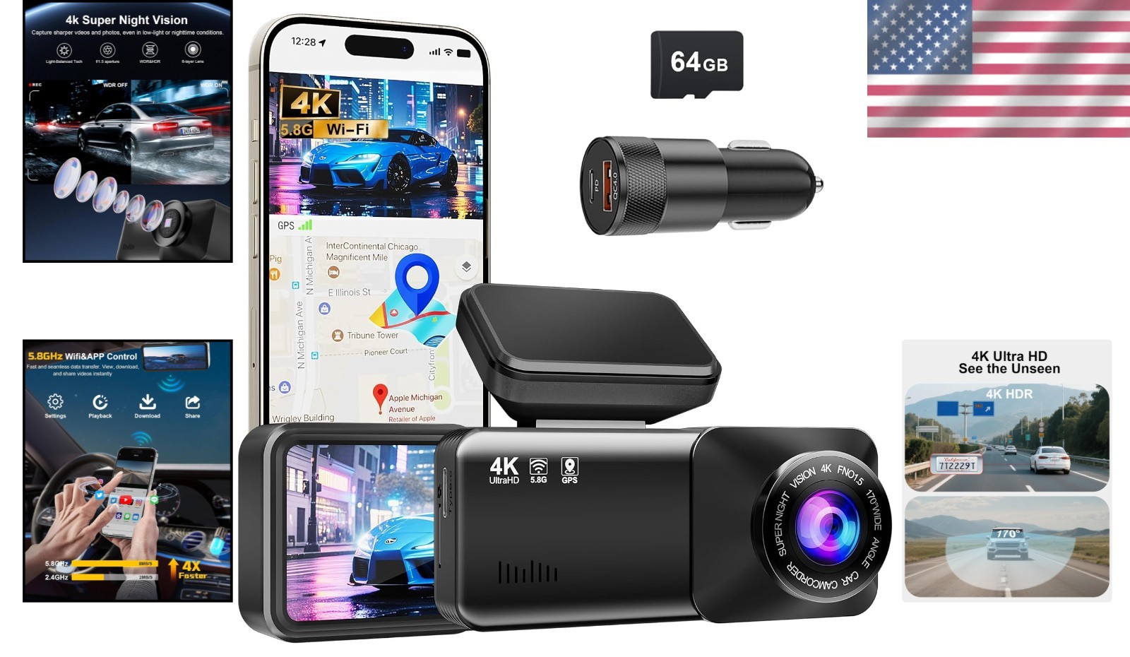 Ultra-Clear 4K Dash Cam with Night Vision, Loop Recording & WiFi – 64GB Included