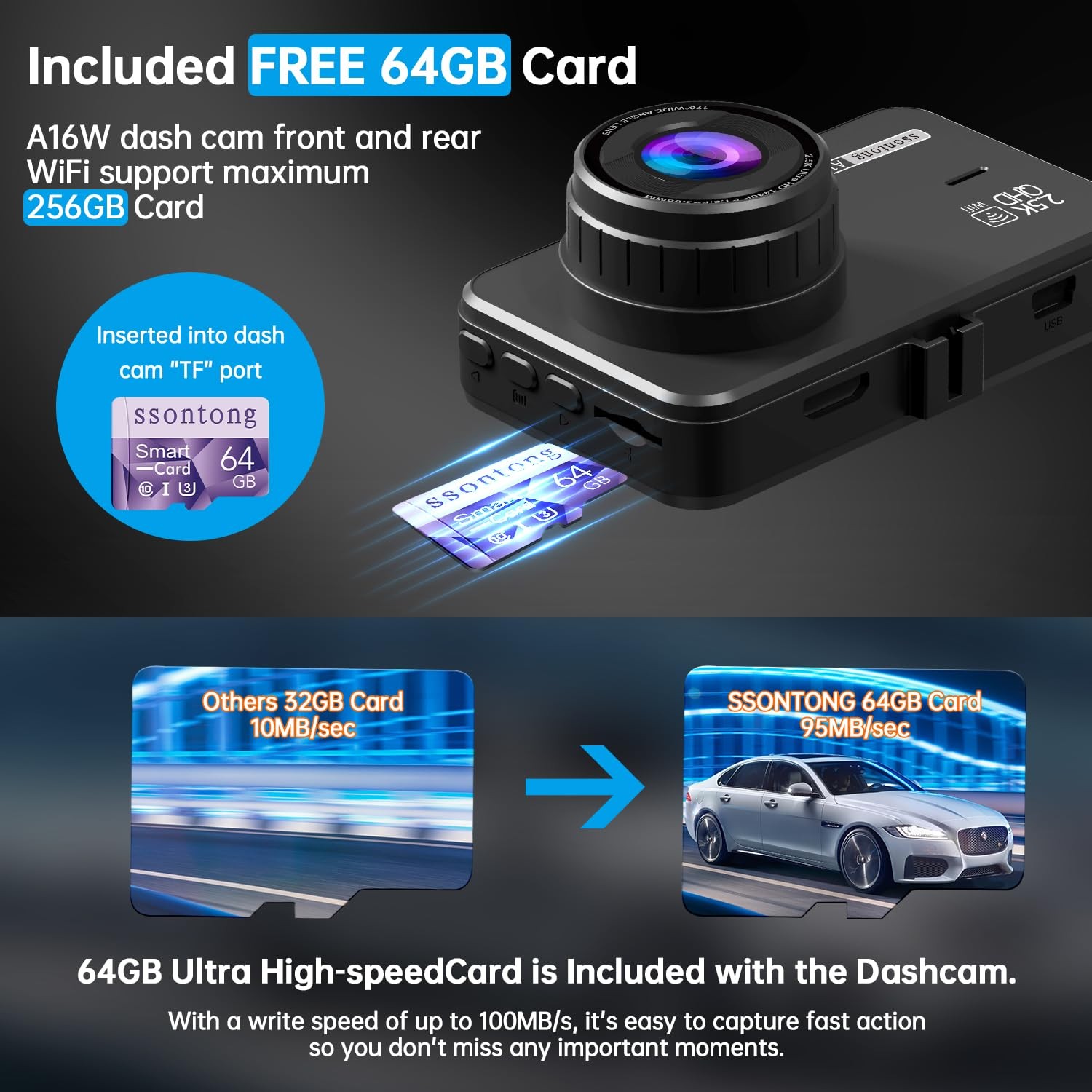 2.5K Camara De sSeguridad 24/7 Delantera y Trasera Para Carro Con Monitor 64GB