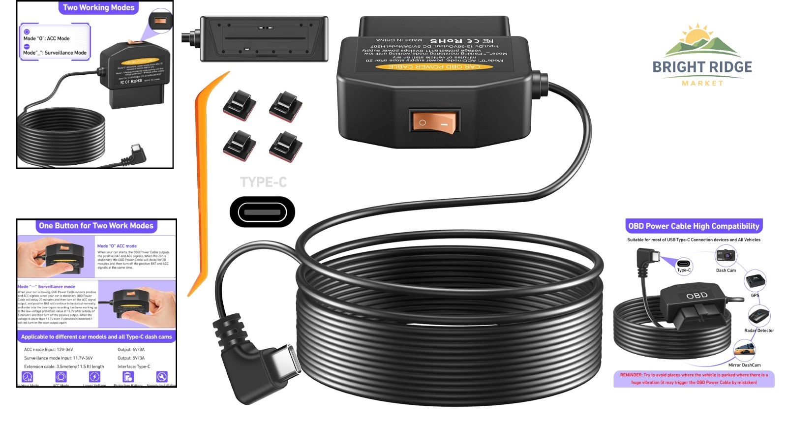 Dash Camera OBD Power Supply Cable with 24-Hour Surveillance and Protection