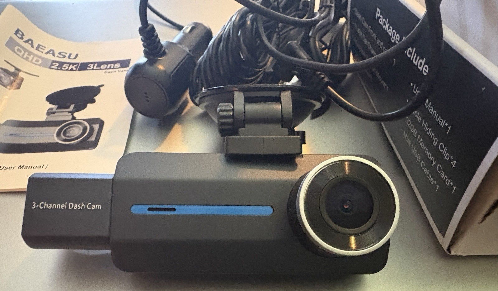 Baeasu Triple Dash Cam Front and Rear, 2.5K+1440P w/ 32GB Card USB Reader Inc.