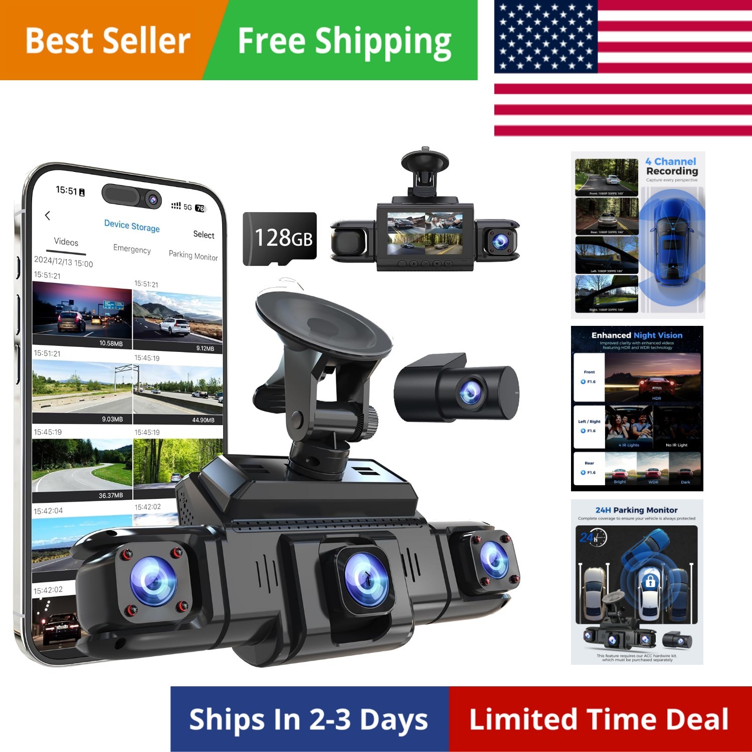 360 View 4 Channel Dash Cam Front and Rear Left Right Inside Camera for Cars,…