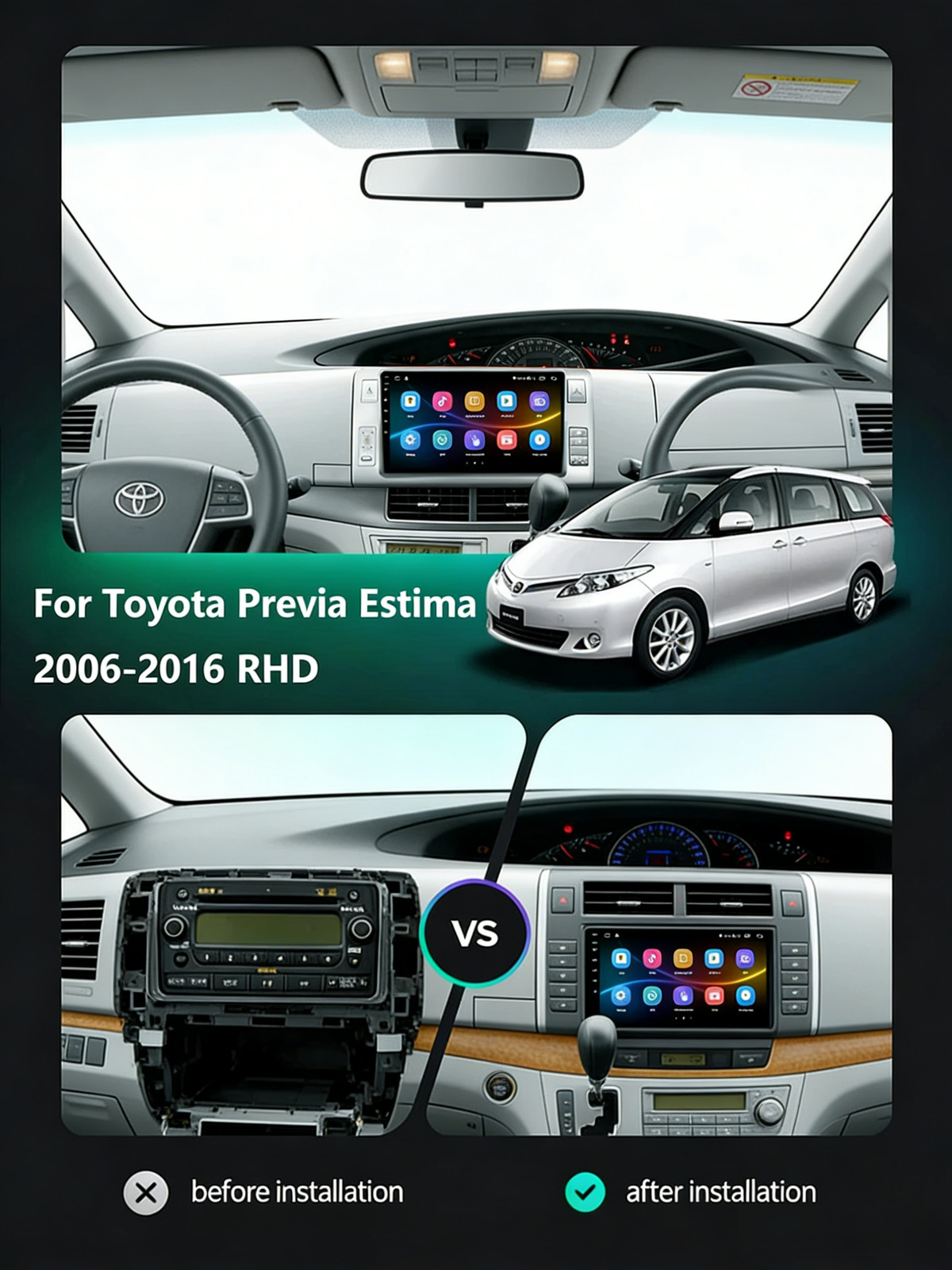 10″ Wireless CarPlay Android Auto head unit For Toyota Estima Tarago 2006-2016