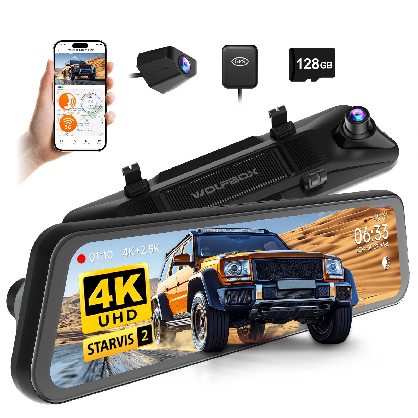 WOLFBOX G900 PRO Mirror Dash Cam with STARVIS 2 IMX678, Rear View Mirror Camera