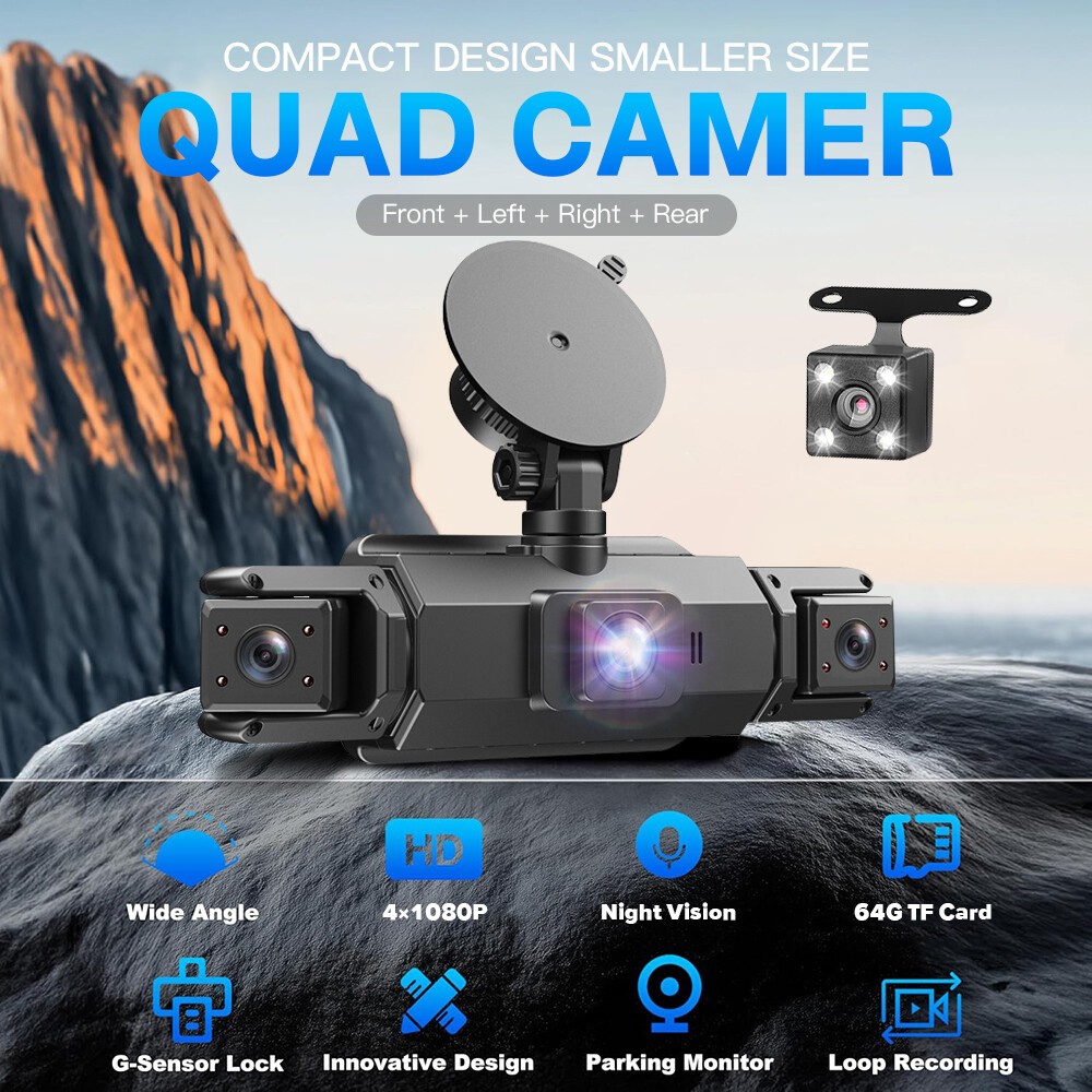 360° 1080P WiFi Dash Cam Front and Rear Inside Left Right 4 Channel Dash Camera