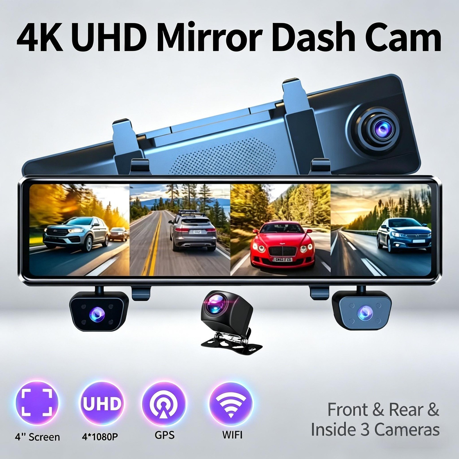 HD 12″ Touchscreen Dash Cam 4CH with GPS 24/7 Parking Mode Cloud Storage Support