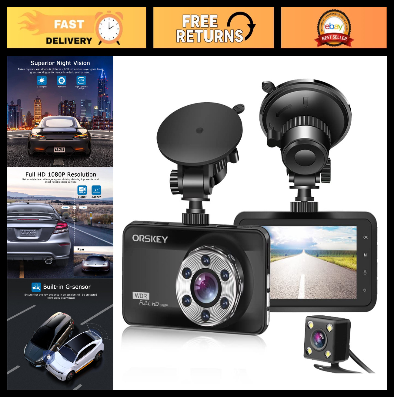 1080P Dual Dash Cam Front & Rear, Full HD Car Camera, 170° Wide Angle, Night Vis
