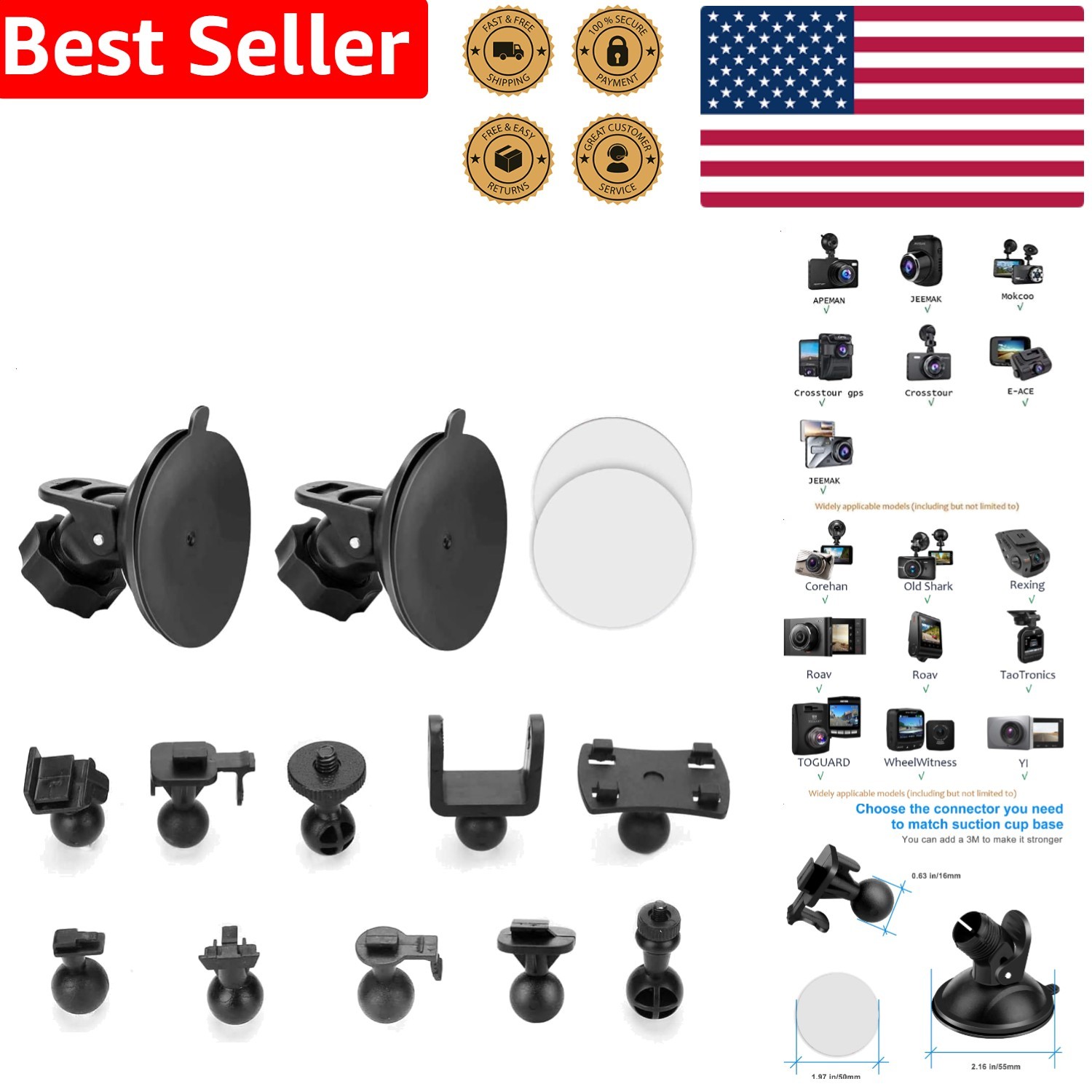 Universal Dash Cam Suction Cup Mount – Rotatable 360° for APEMAN YI Rexing V1