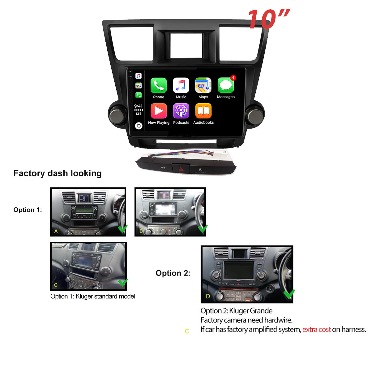 10” Apple CarPlay 6+128GB Auto Head Unit Car radio For Toyota Kluger 2007-2013