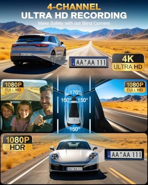 4 Channel 360° Dash Cam Front Rear and Left Right Inside, 4K+1080P*3 Dash Black