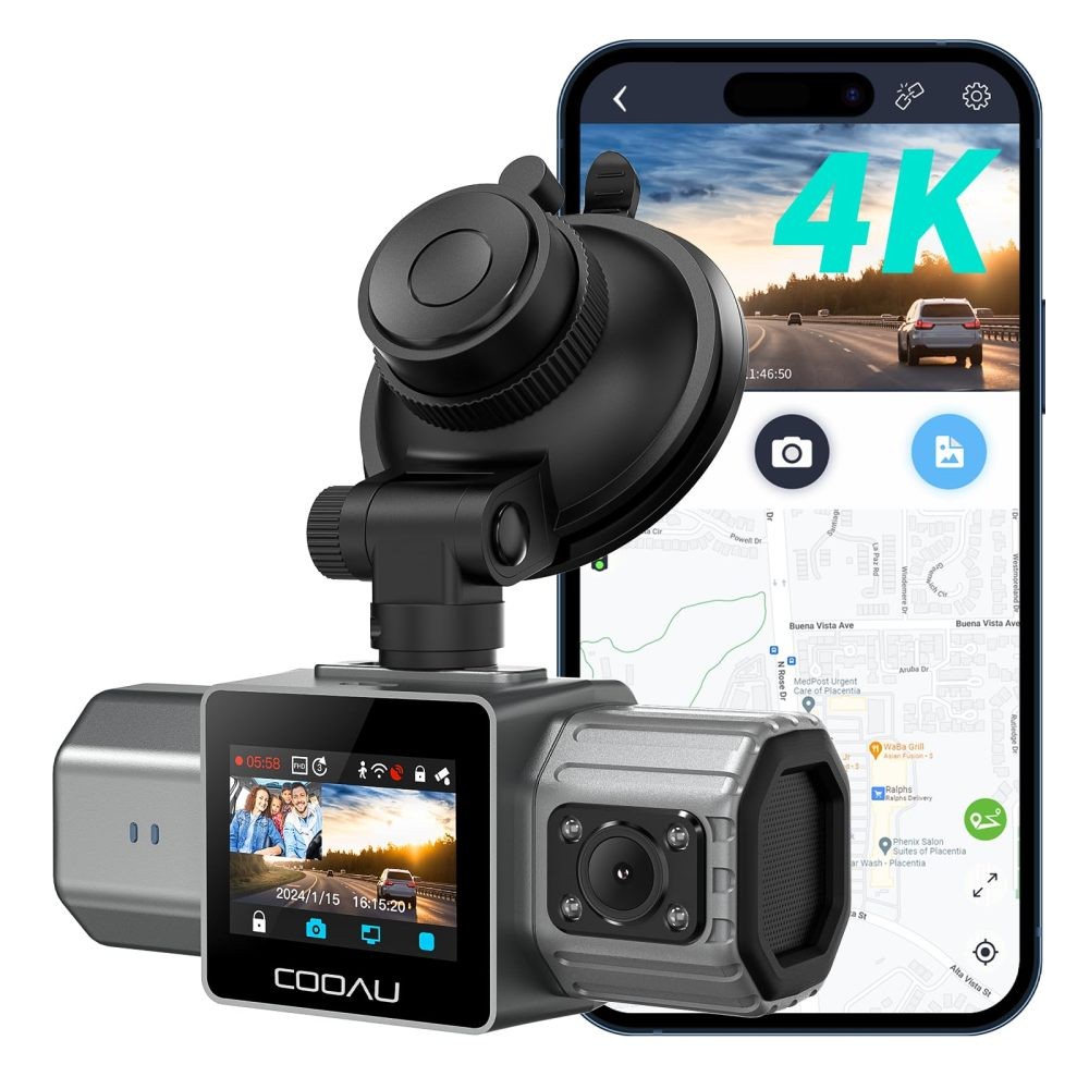 COOAU 4K Dual Dash Cam, Built-in GPS Wi-Fi, 2.5K+1080P Dash Cam Front and Inside