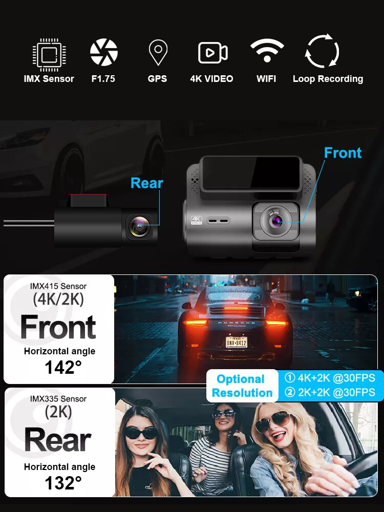 Car Dash Cam Front 4K Back 2K WiFi GPS Dual Lens DVR Video Recorder Car Camera