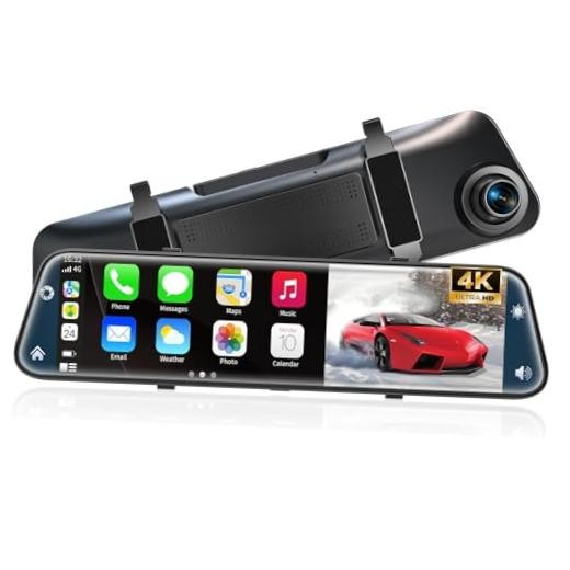 4K Rear View Mirror Camera with Carplay&Android Auto,12″ Mirror Dash Cam Front