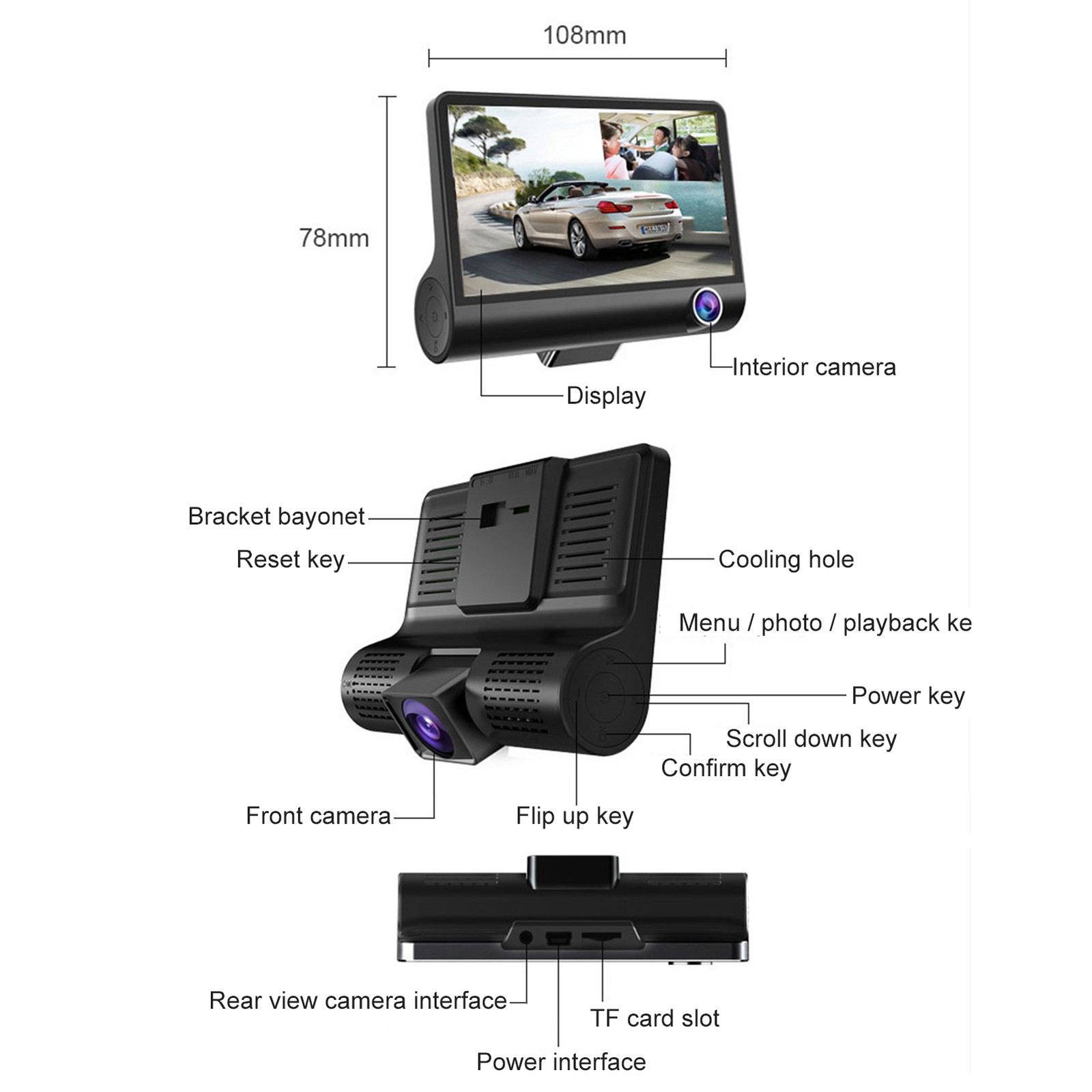 1080P Full Dash Cam With 4 Inch IPS Screen Front And Rear Dual Dash E3Z5