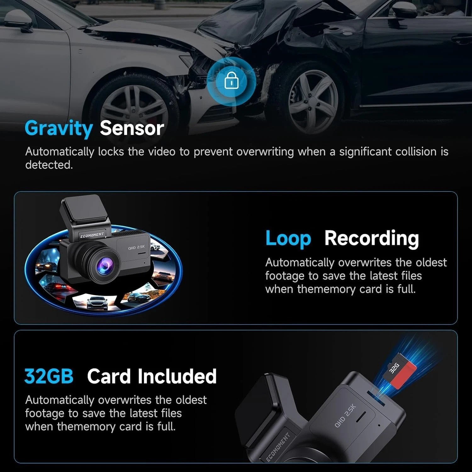 Dash Cam Front and Rear, 2.5K+1080P Car Camera with 32GB Card | WDR Night Vis…