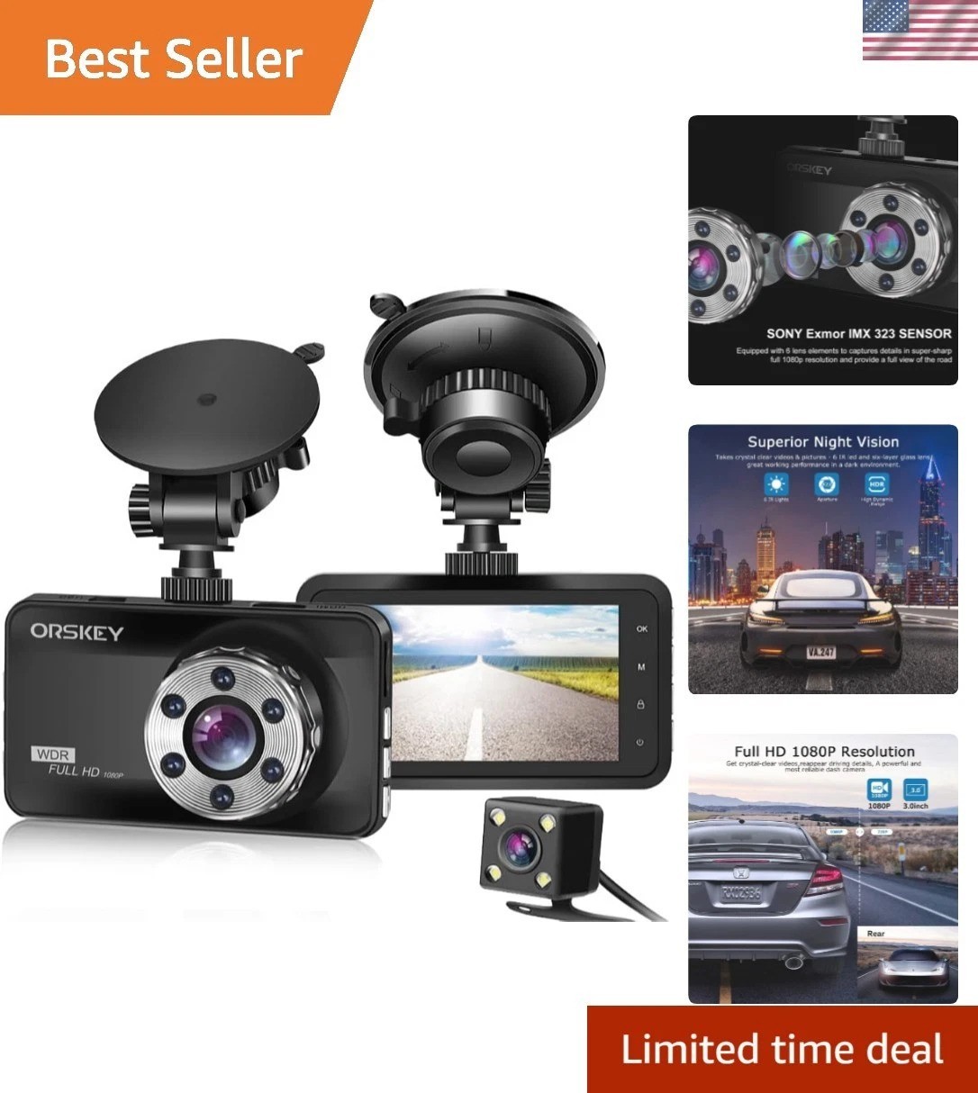 170° Wide Angle Dual Dash Camera with 3.0” LCD & Night Vision Capabilities