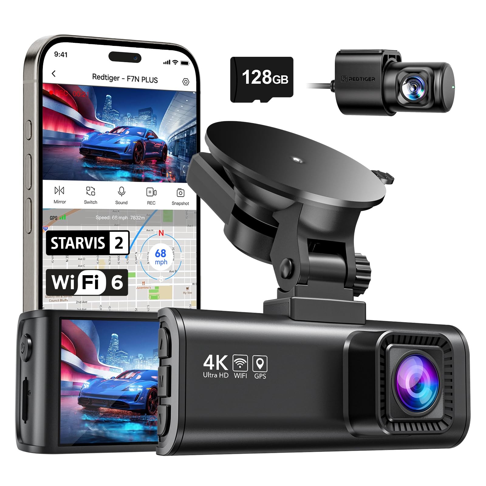 4K Dash Cam Front Rear, STARVIS 2 Sensor, Free Card Included, 5.8GHz WiFi-20M…