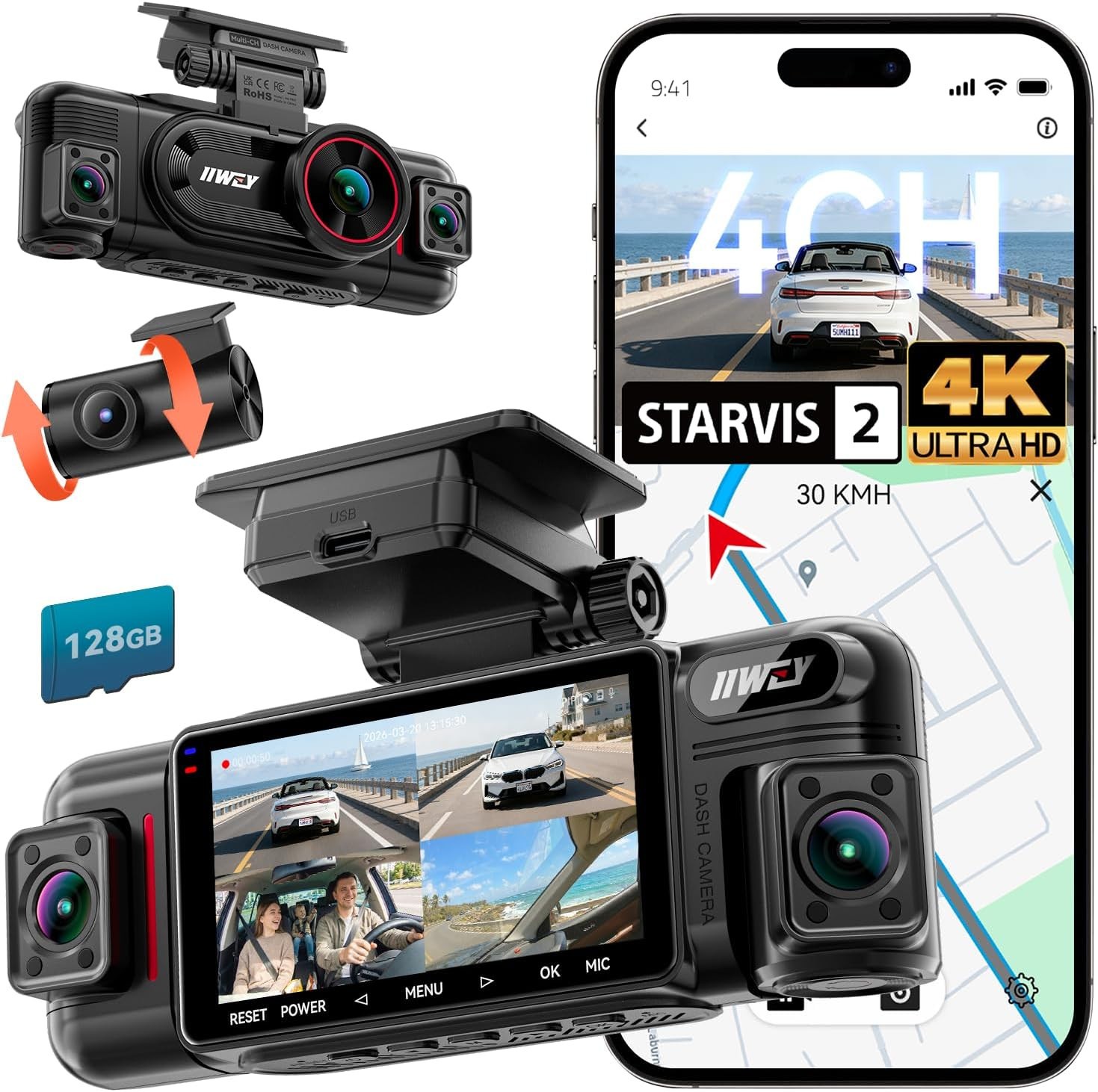 IIWEY N6 PRO, 4K, STARVIS 2, 4-Channel Dash Cam, 360° View, Free 128GB Card, Etc